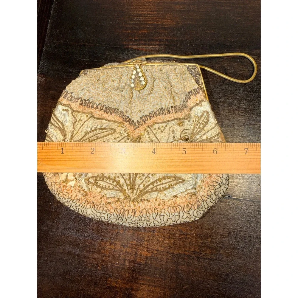 Vintage Gold Soutache Beaded Floral Evening Bag Rhinestone Clasp Snake Chain